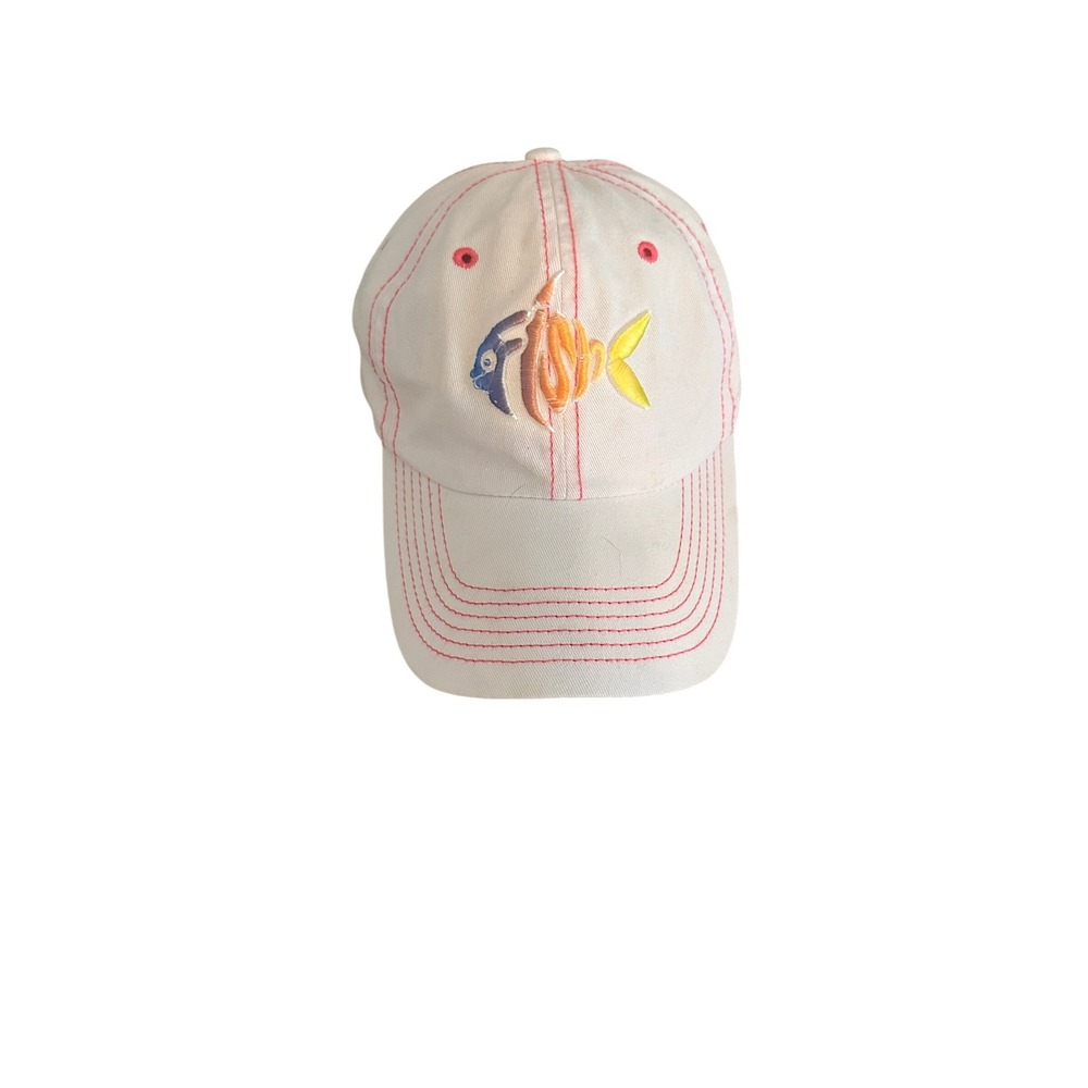 Mens White Cotton Fish‎ Embroidered Baseball Cap Red Contrast Stitch Strapback